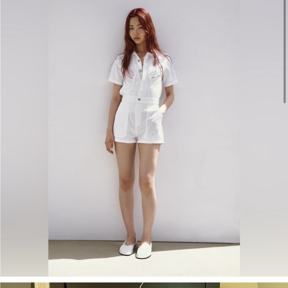 Zara White Romper Jumpsuit Button Down Pockets Cotton